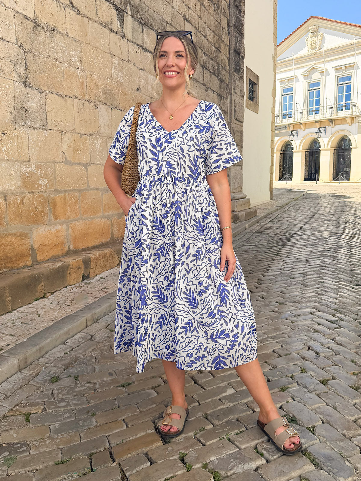 Fern Relaxed Dress - Blue & White Leaf Print