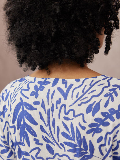 Fern Relaxed Dress - Blue & White Leaf Print