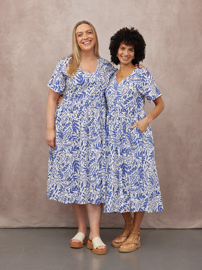 Fern Relaxed Dress - Blue & White Leaf Print