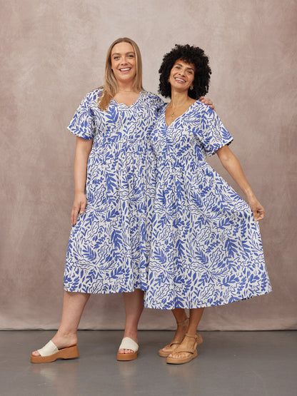 Fern Relaxed Dress - Blue & White Leaf Print
