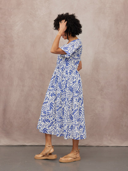 Fern Relaxed Dress - Blue & White Leaf Print