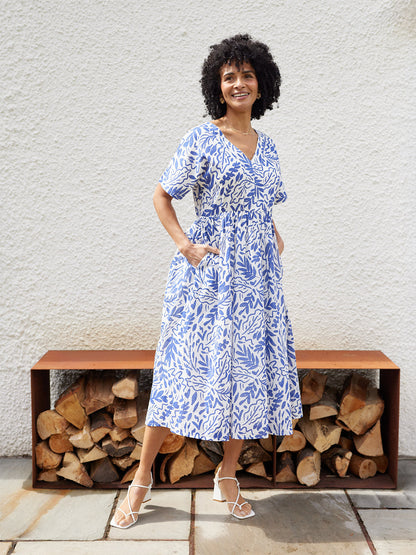 Fern Relaxed Dress - Blue & White Leaf Print