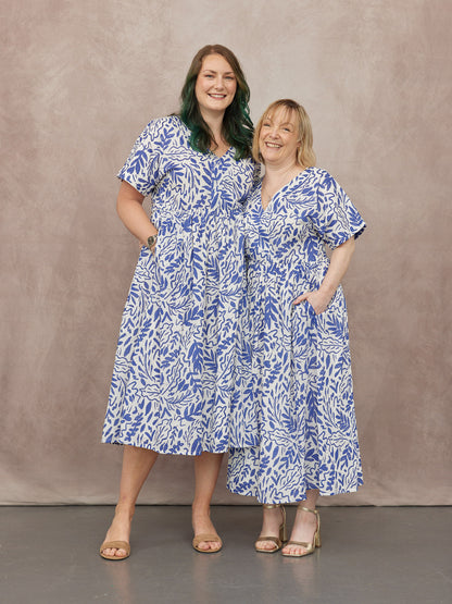 Fern Relaxed Dress - Blue & White Leaf Print