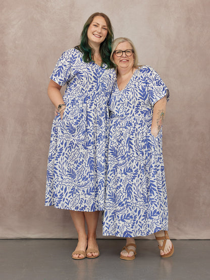 Fern Relaxed Dress - Blue & White Leaf Print