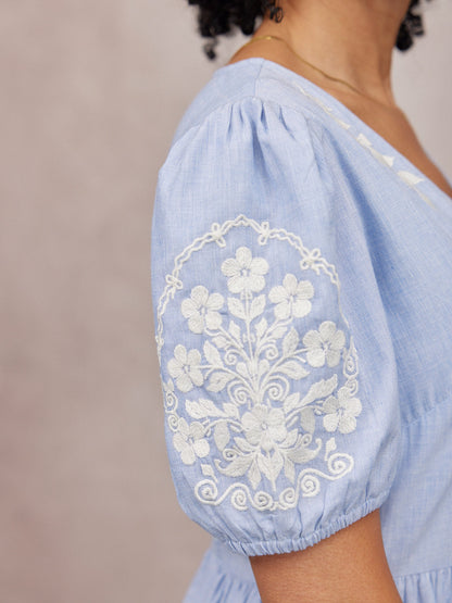 Lola Embroidered Relaxed Dress - Blue & White