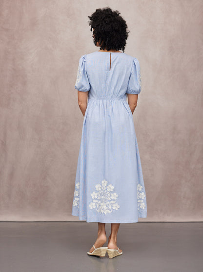 Lola Embroidered Relaxed Dress - Blue & White