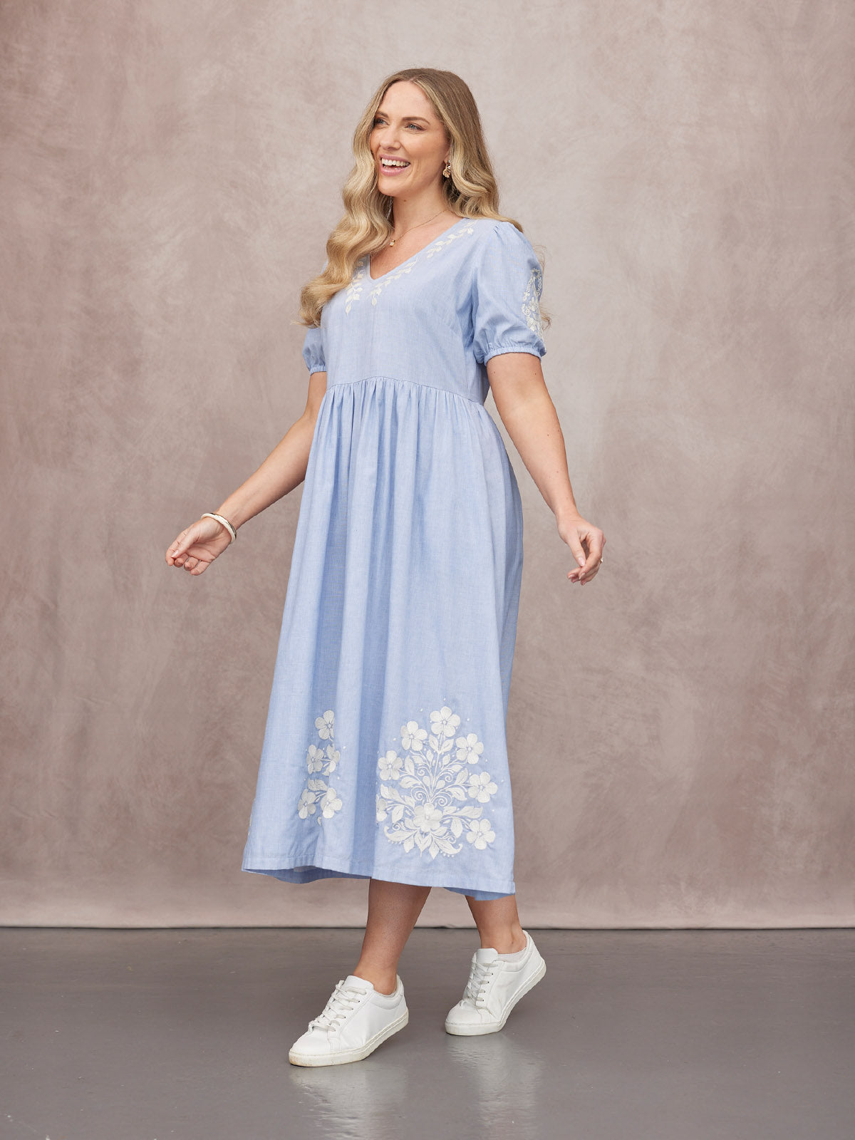 Lola Embroidered Relaxed Dress - Blue & White