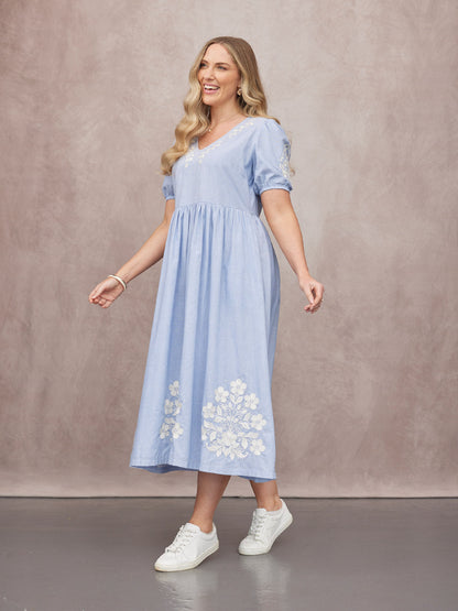 Lola Embroidered Relaxed Dress - Blue & White
