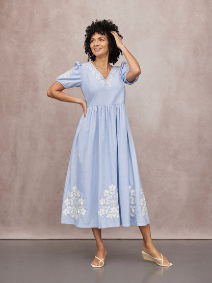 Lola Embroidered Relaxed Dress - Blue & White