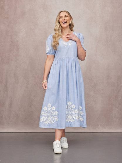 Lola Embroidered Relaxed Dress - Blue & White
