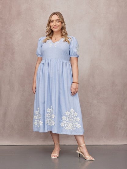 Lola Embroidered Relaxed Dress - Blue & White