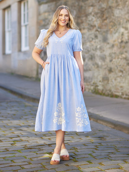 Lola Embroidered Relaxed Dress - Blue & White