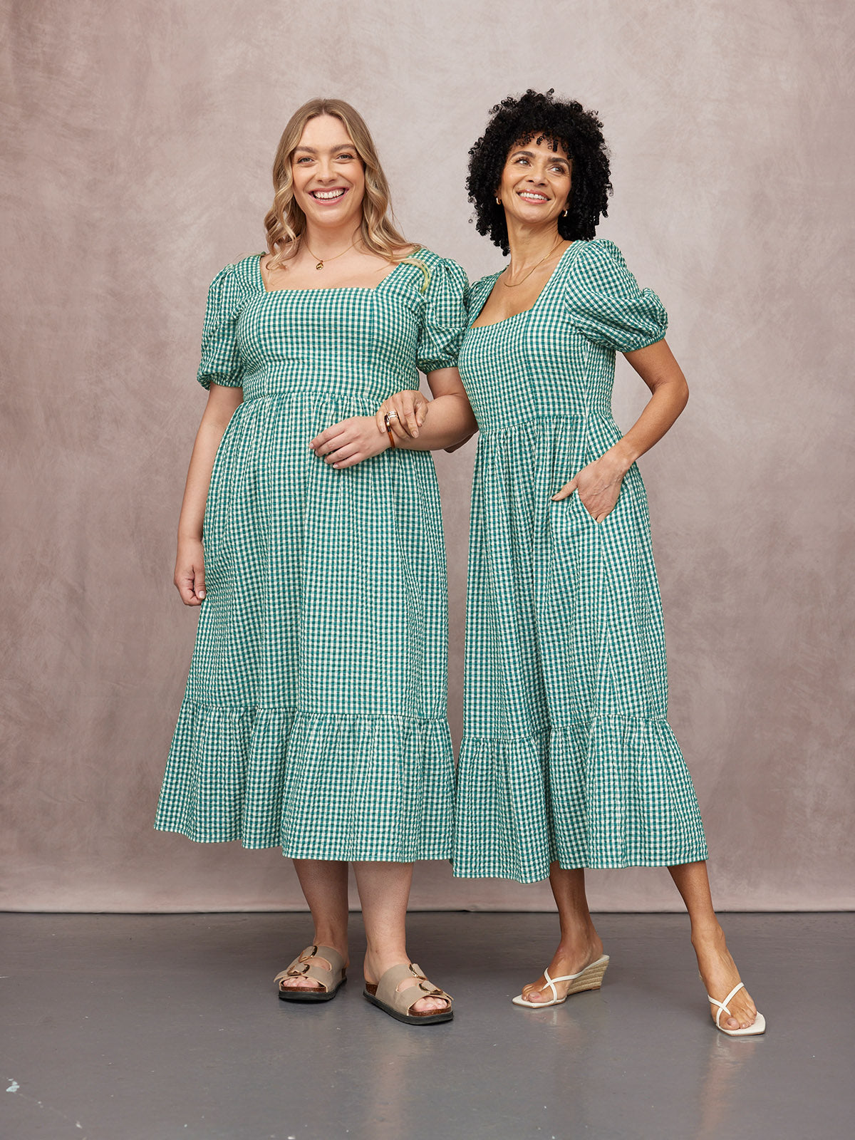 Judy Square Neck Dress - Green Gingham