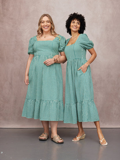 Judy Square Neck Dress - Green Gingham