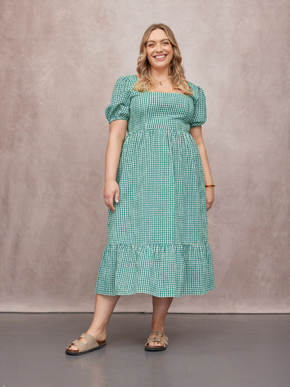Judy Square Neck Dress - Green Gingham