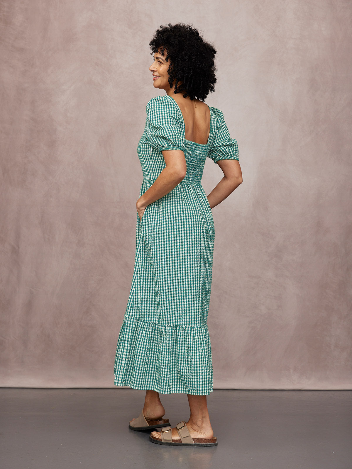 Judy Square Neck Dress - Green Gingham