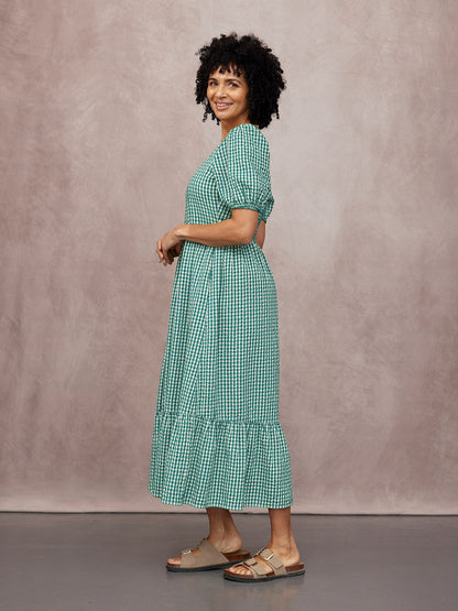 Judy Square Neck Dress - Green Gingham
