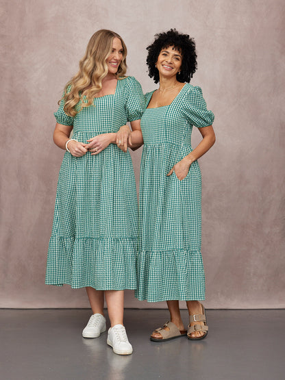 Judy Square Neck Dress - Green Gingham