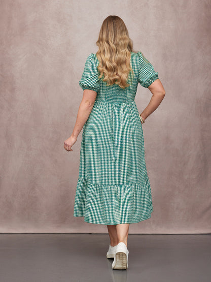 Judy Square Neck Dress - Green Gingham