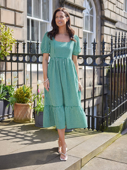 Judy Square Neck Dress - Green Gingham