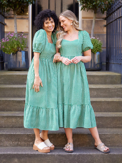 Judy Square Neck Dress - Green Gingham