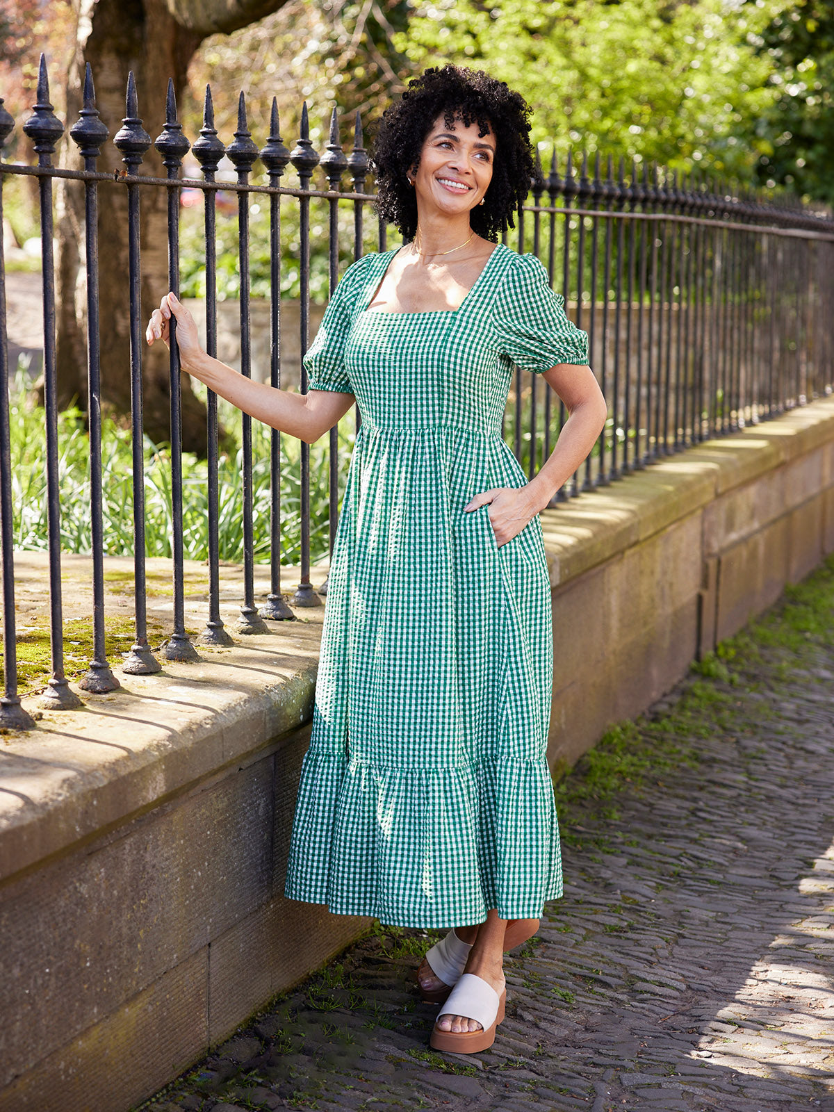 Judy Square Neck Dress - Green Gingham