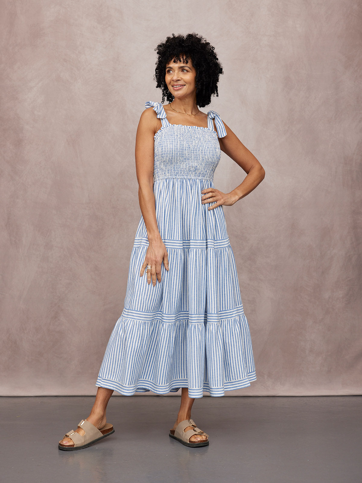 Joan Bow Strap Dress - Blue & White Stripe