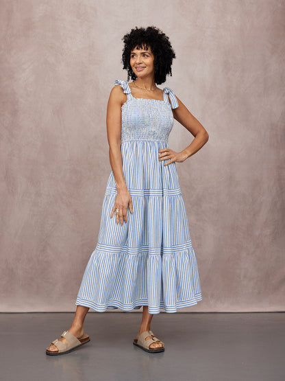 Joan Bow Strap Dress - Blue & White Stripe