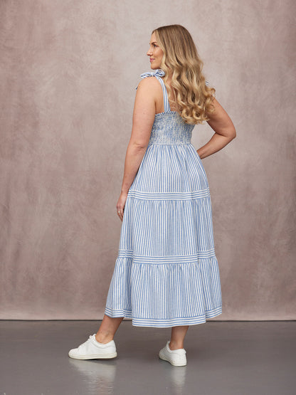Joan Bow Strap Dress - Blue & White Stripe