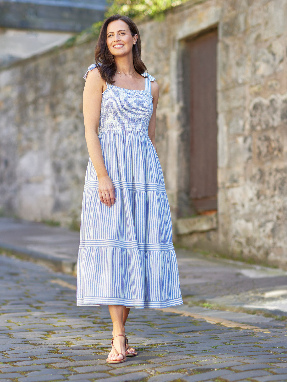 Joan Bow Strap Dress - Blue & White Stripe