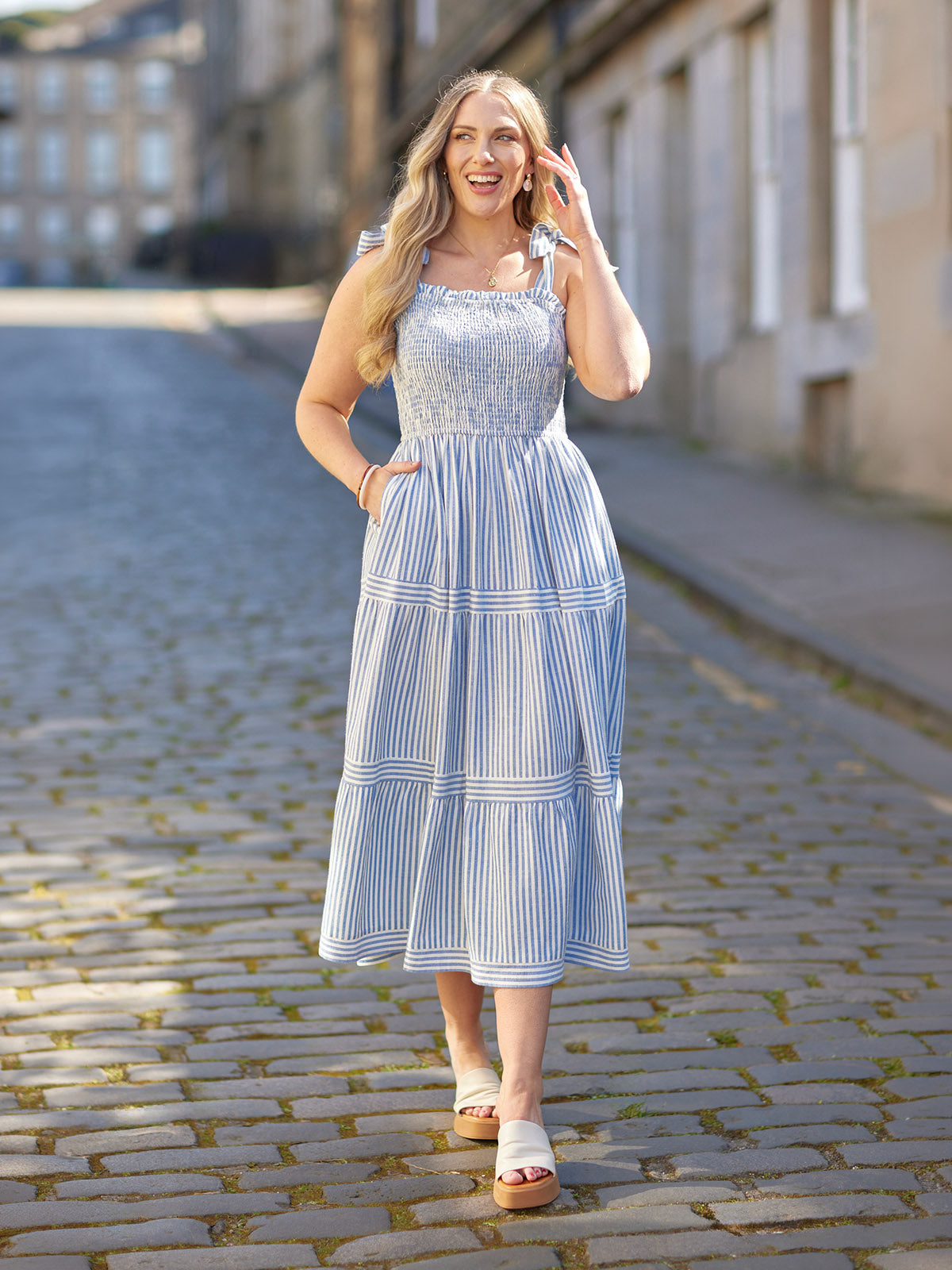 Joan Bow Strap Dress - Blue & White Stripe