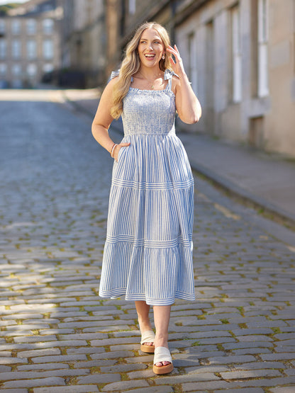 Joan Bow Strap Dress - Blue & White Stripe