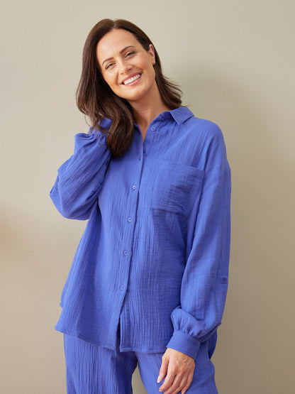 Deborah Oversized Cotton Crinkle Shirt - Cobalt Blue