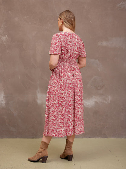 Maddie Short Sleeve Dress - Maroon Leaf Print