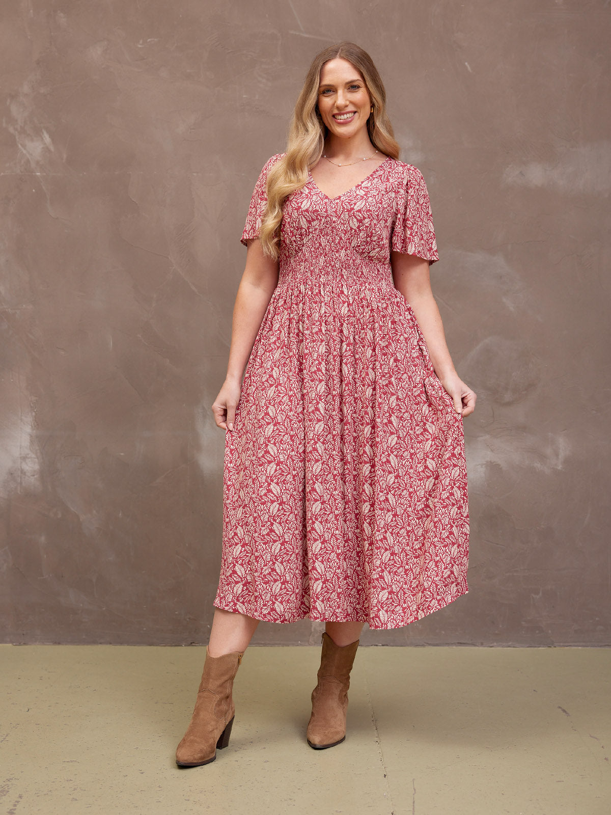 Maddie Short Sleeve Dress - Maroon Leaf Print