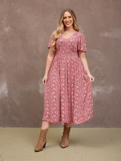 Maddie Short Sleeve Dress - Maroon Leaf Print