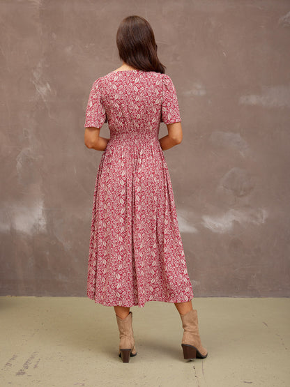 Maddie Short Sleeve Dress - Maroon Leaf Print
