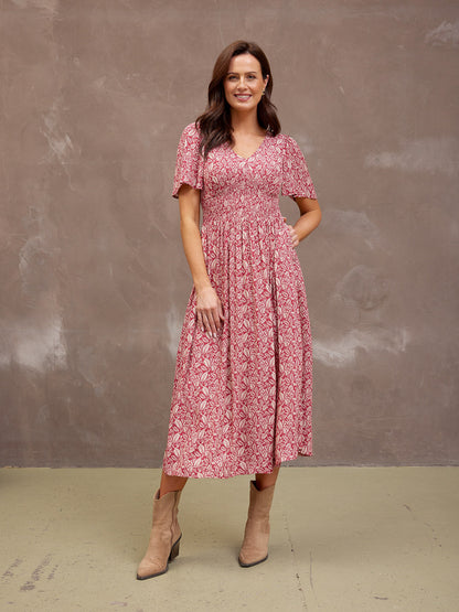 Maddie Short Sleeve Dress - Maroon Leaf Print