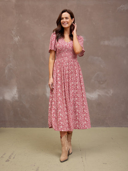 Maddie Short Sleeve Dress - Maroon Leaf Print