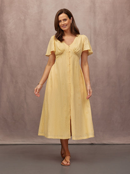 Allegra Broderie Button Through Dress - Yellow