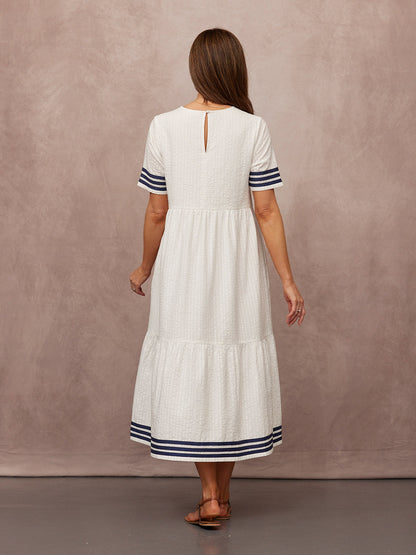Fiona Tiered Dress - White & Navy