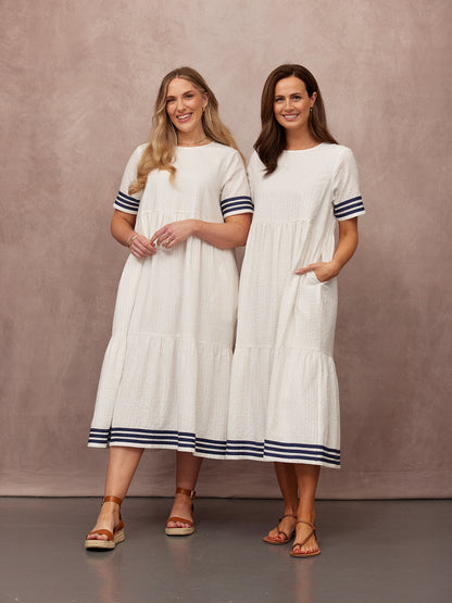 Fiona Tiered Dress - White & Navy