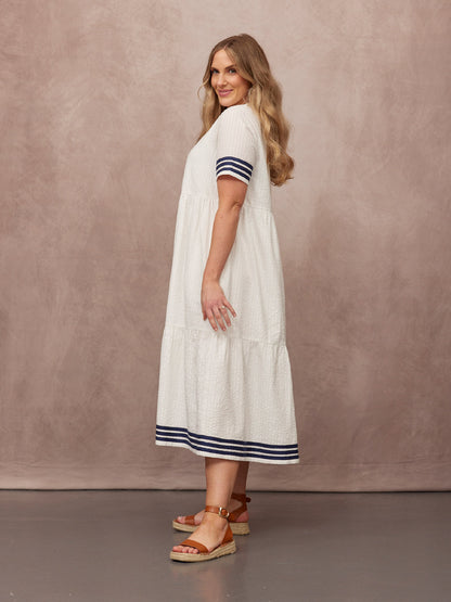 Fiona Tiered Dress - White & Navy