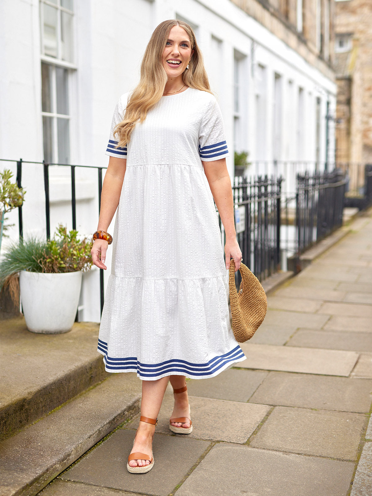 Fiona Tiered Dress - White & Navy