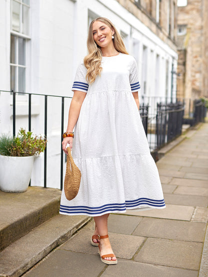 Fiona Tiered Dress - White & Navy
