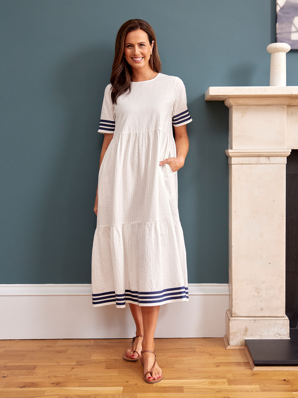 Fiona Tiered Dress - White & Navy