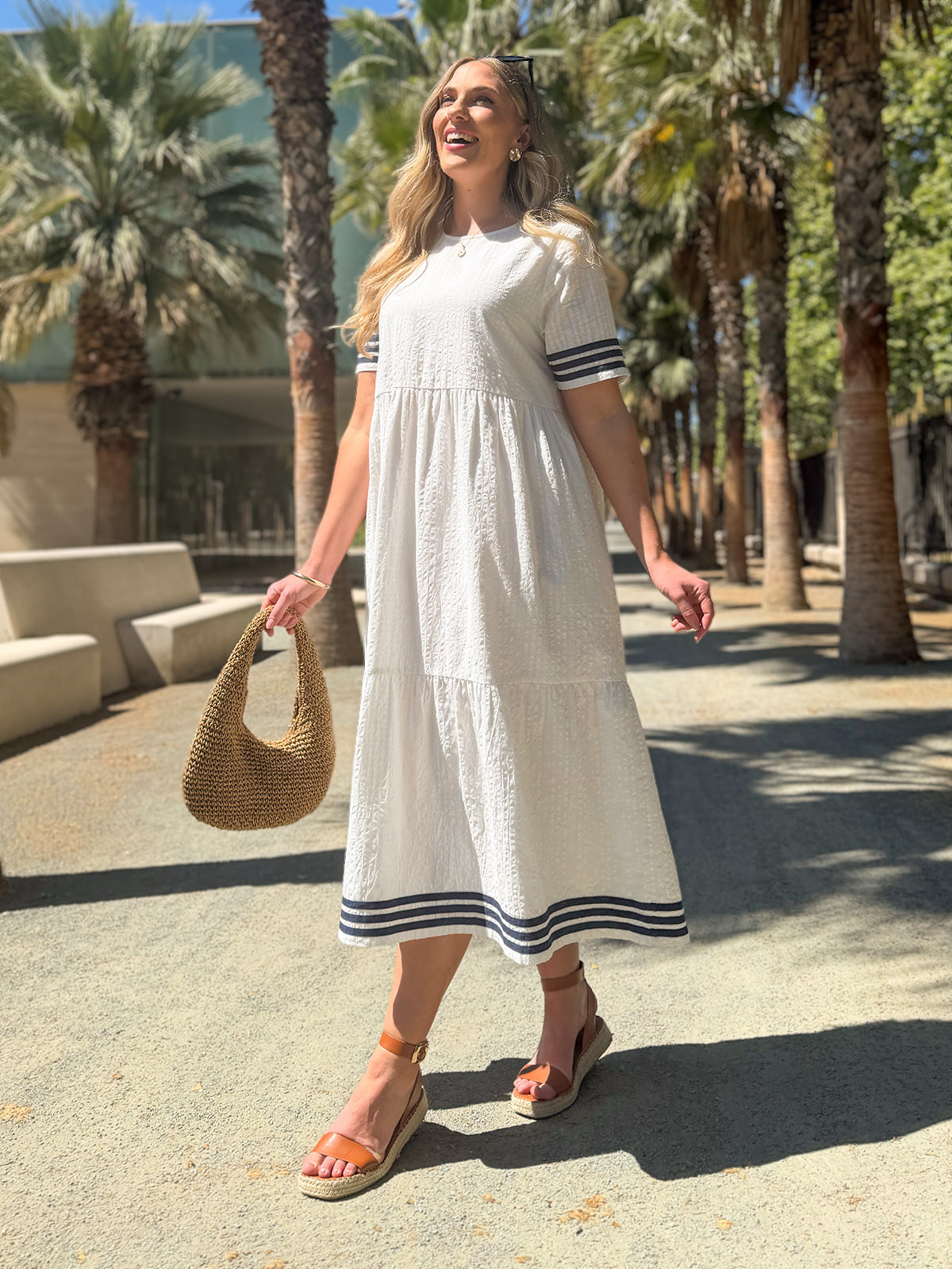 Fiona Tiered Dress - White & Navy