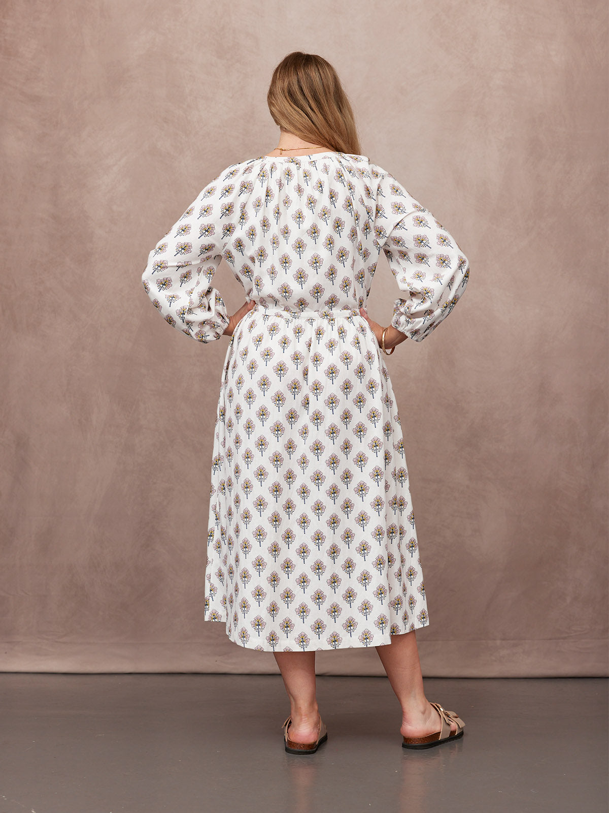 Flora Block Print Dress - Ecru Print