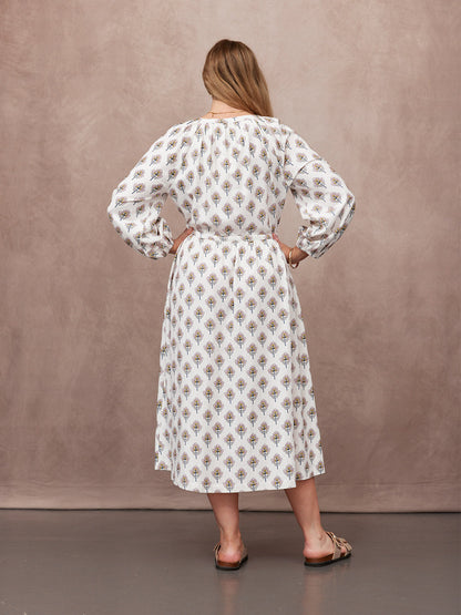 Flora Block Print Dress - Ecru Print