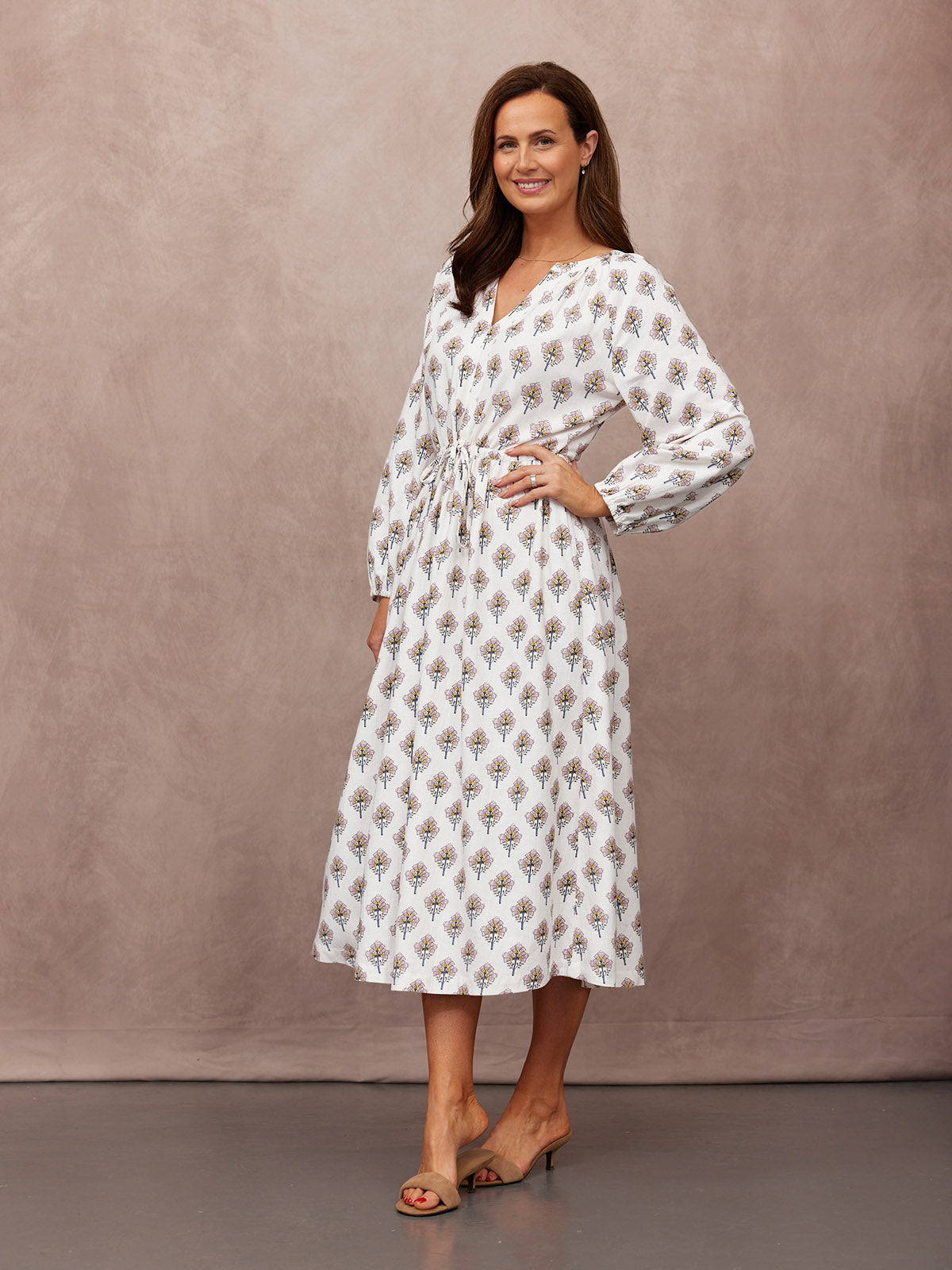 Flora Block Print Dress - Ecru Print